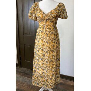 Sincerely Jules Yellow Floral Midi Dress Smocked Puffed Sleeves Empire Waist